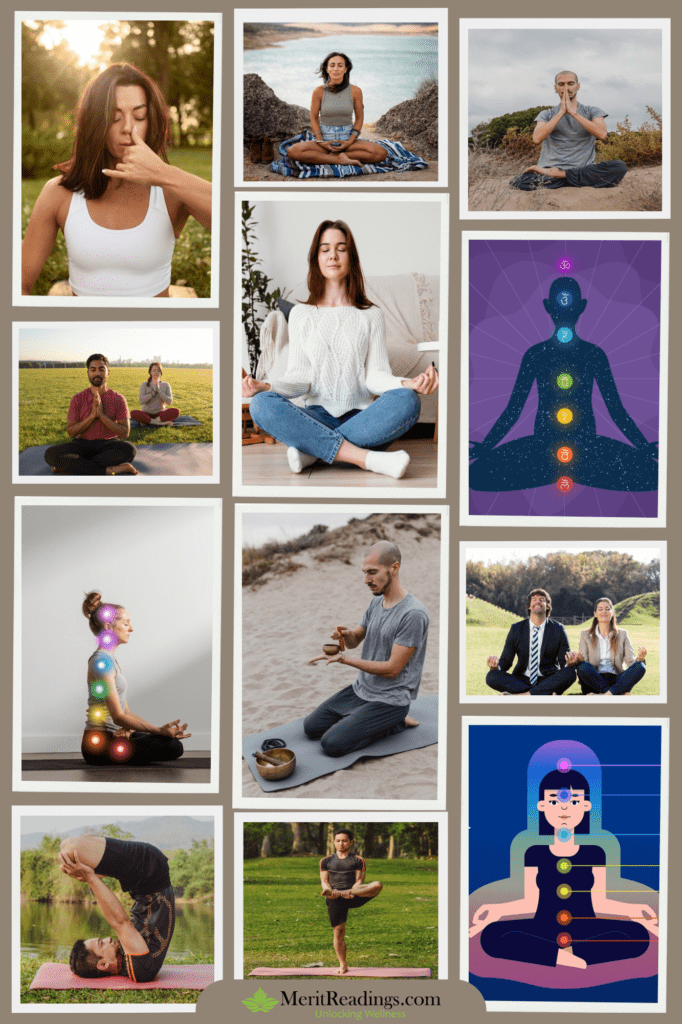 A collage of various types of meditation practices, including chakra meditation, breathing exercises, and traditional seated meditation, featuring diverse individuals in different environments. The MeritReadings.com logo is displayed at the bottom, emphasizing the focus on meditation techniques.