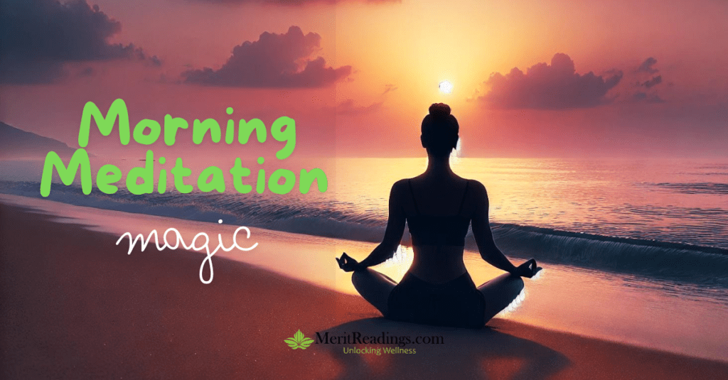 A silhouette of a person meditating on the beach at sunrise, with the sun rising over the ocean, casting a warm glow on the waves. The text "Morning Meditation Magic" appears in playful green and white font, and the website name "MeritReadings.com - Unlocking Wellness" is displayed at the bottom.