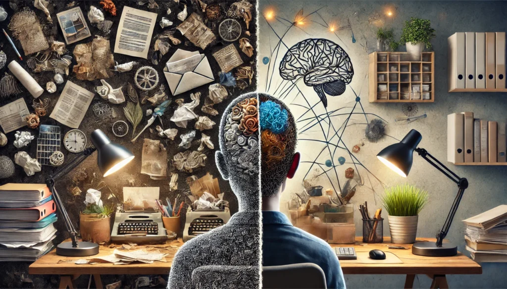  Illustration showing a split view of a cluttered desk with a messy mind on the left, and an organized desk with a calm, focused mind on the right. The left side is filled with scattered papers, trash, and chaotic elements, while the right side shows a tidy workspace with plants, books, and a visual representation of brain activity, symbolizing cognitive clarity.