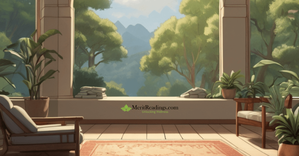 A serene meditation space with comfortable chairs, potted plants, and an open view of lush green trees and distant mountains, promoting the idea of starting a morning meditation routine. The logo of MeritReadings.com is displayed at the center, highlighting wellness and meditation.