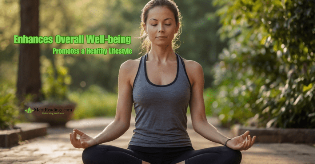 A woman sitting in a peaceful outdoor setting, meditating with her eyes closed, wearing workout attire. The text overlay reads "Enhances Overall Well-being" in bright green and "Promotes a Healthy Lifestyle" in light green below. The website "MeritReadings.com" is displayed at the bottom left.