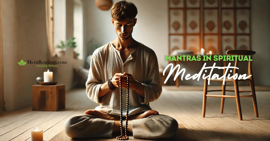 A peaceful image of a man meditating in a serene room. He sits cross-legged on the floor, holding prayer beads and wearing casual, loose clothing. Candles and soft natural light enhance the calming atmosphere. The text "Mantras in Spiritual Meditation" is written on the right side. Website name: MeritReadings.com