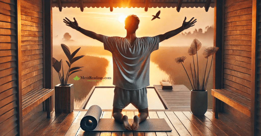 Person kneeling on a yoga mat with arms outstretched, facing the sunrise in a serene, wooden meditation space overlooking a tranquil waterway, with the text "MeritReadings.com - Unlocking Wellness" displayed.

