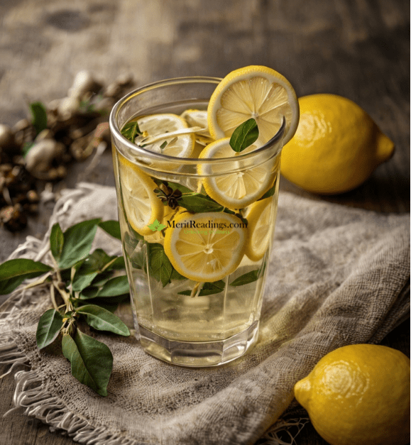 A refreshing glass of water infused with lemon slices and fresh mint leaves, placed on a rustic cloth with whole lemons and green leaves around it, representing a morning meditation drink. The logo of MeritReadings.com is subtly visible on the glass, emphasizing wellness and healthy habits.