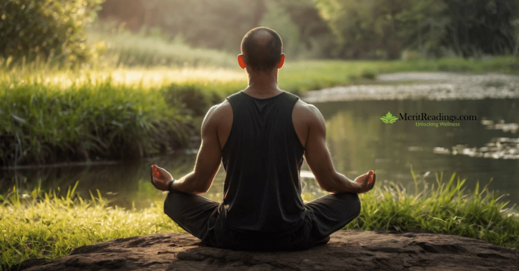  A man sitting in a meditative pose by a peaceful pond, with the website name "MeritReadings.com" and the slogan "Unlocking Wellness" displayed on the right side of the image.