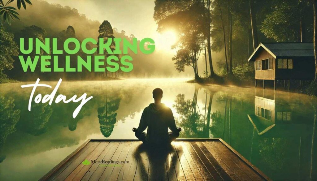 A serene lake surrounded by trees at sunrise, with a person sitting in meditation on a wooden dock. The text "Unlocking Wellness Today" is written in bold green and white, with the website name "MeritReadings.com" subtly displayed in the corner. The peaceful setting reflects the theme of morning meditation.