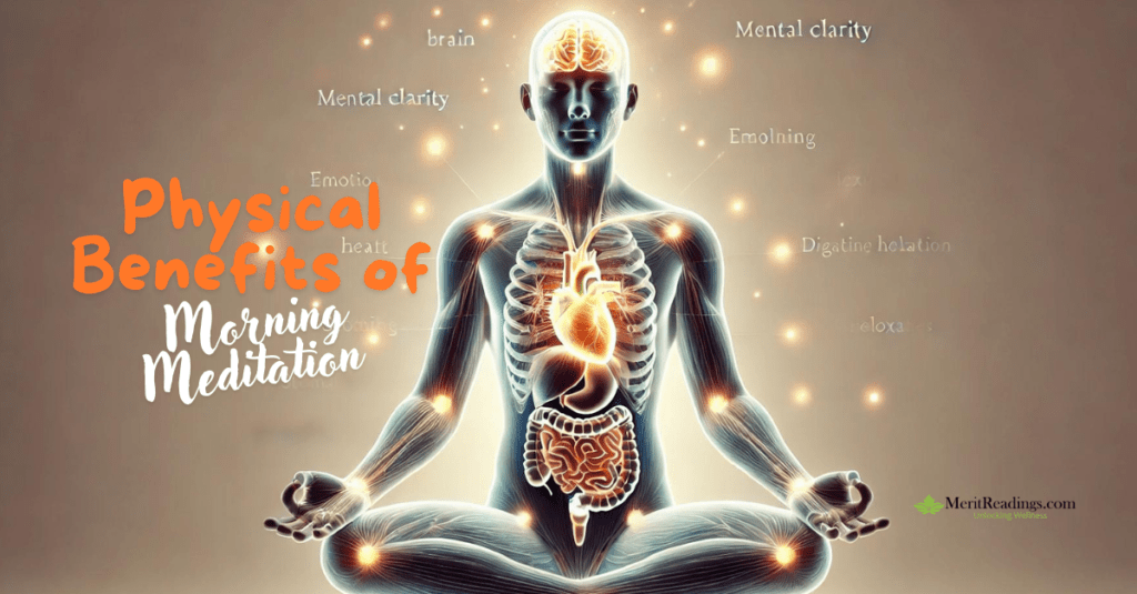  A visual representation of a person in a seated meditation posture with energy points highlighted across the body. The brain, heart, and digestive system are emphasized, symbolizing mental clarity, emotional balance, and relaxation. The text overlay reads "Physical Benefits of Morning Meditation" in bold, bright orange and white letters, with smaller keywords like "mental clarity" and "emotional health" displayed around the image. The website "MeritReadings.com" is visible in the lower right corner.