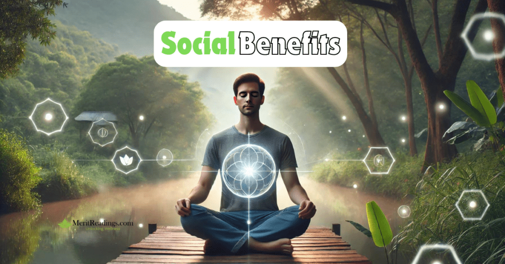 A person meditating on a wooden dock surrounded by nature, with glowing geometric patterns and icons floating around them. The text "Social Benefits" is displayed above, with the website "MeritReadings.com" in the lower left corner.