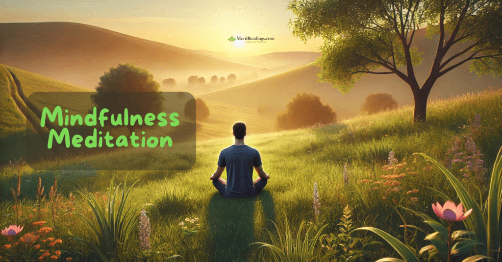 A person meditating in a peaceful, sunlit meadow during the morning. The person is sitting cross-legged on a grassy hill, surrounded by trees, flowers, and rolling green hills. The text "Mindfulness Meditation" appears in green with a transparent background overlay, and the website name "MeritReadings.com" is displayed at the top.