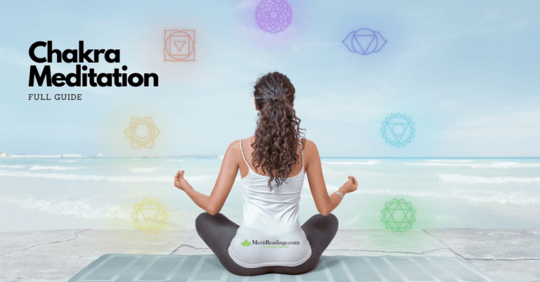 A woman sitting in a meditative posture facing the ocean, with chakra symbols floating in the air around her. The words "Chakra Meditation - Full Guide" appear on the left side, and the logo of MeritReadings.com is on the back of her shirt. The background features a calm ocean and a light blue sky, creating a serene atmosphere.