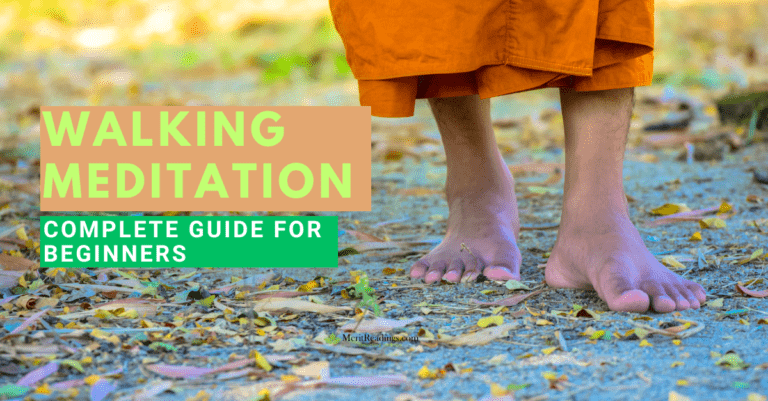 A person walking barefoot on a path covered with dry leaves, wearing an orange robe. The text overlay reads "Walking Meditation" in large bold letters and "Complete Guide for Beginners" below it. The background is a natural outdoor setting with soft lighting, creating a peaceful atmosphere.