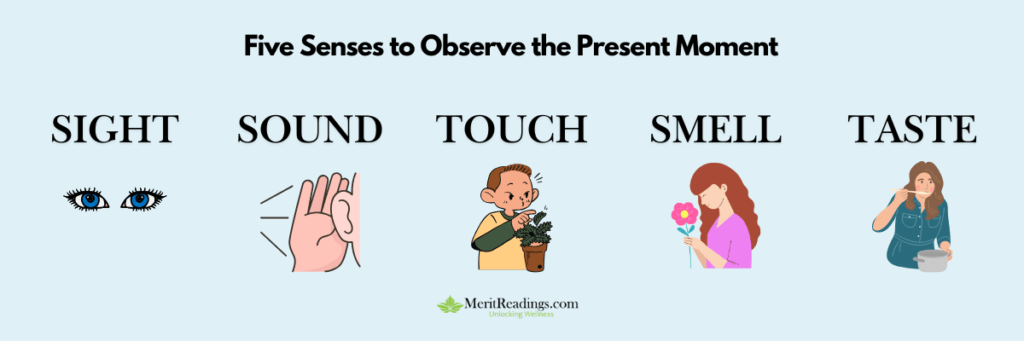 Illustration showing the five senses to observe the present moment: sight, sound, touch, smell, and taste, with corresponding icons for each sense.