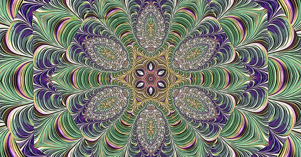 A vibrant and intricate mandala pattern with swirling, colorful lines and floral shapes in green, purple, and pink hues.