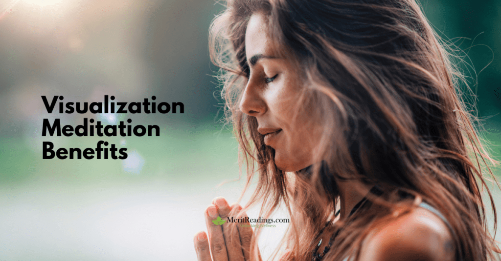 A serene woman practicing meditation outdoors with sunlight filtering through her hair. The text 'Visualization Meditation Benefits' is displayed on the left side, with the MeritReadings.com logo at the bottom.