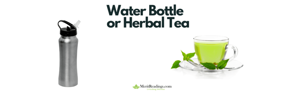 A metallic water bottle and a glass cup of green herbal tea with fresh mint leaves on a white background.

