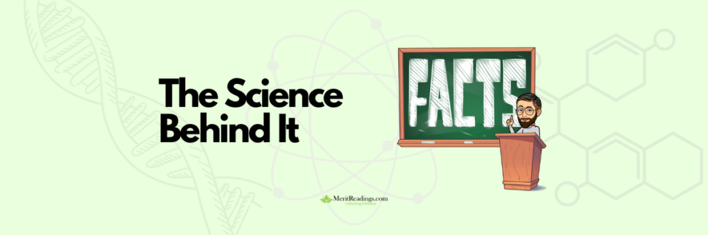 The Science Behind It" text with a cartoon avatar of a man standing at a podium in front of a chalkboard that says "FACTS," set against a light green background with scientific illustrations.