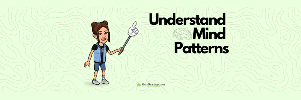 Understand Mind Patterns" text with a cartoon avatar of a woman holding a pointer, set against a light green background with abstract wavy patterns.