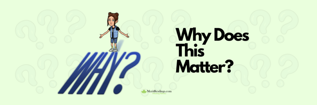 Why Does This Matter?" text with a cartoon avatar of a woman standing above the word "WHY?" with a shadow effect, set against a light green background with question mark patterns.