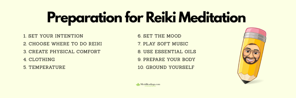 Preparation steps for Reiki meditation – checklist with 10 calming tips on a light background, featuring a cartoon pencil character.