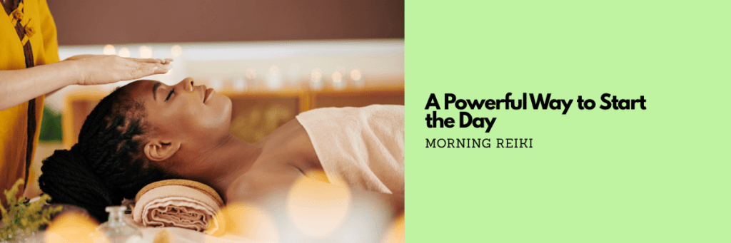 "Morning Reiki healing session with practitioner’s hands above a relaxed woman’s head, symbolizing energy flow and balance."