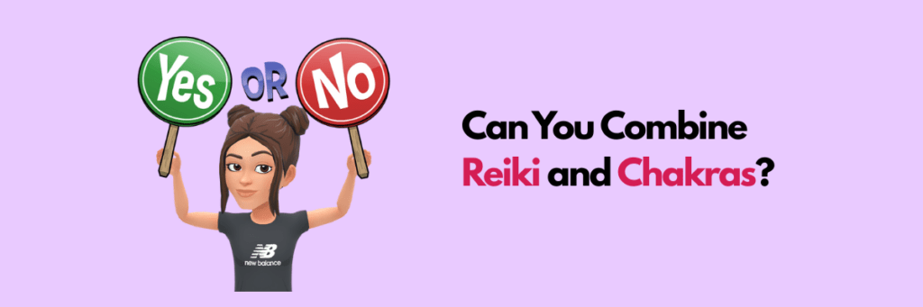 "Illustration with a character holding Yes and No signs, asking the question: Can you combine Reiki and Chakras?"