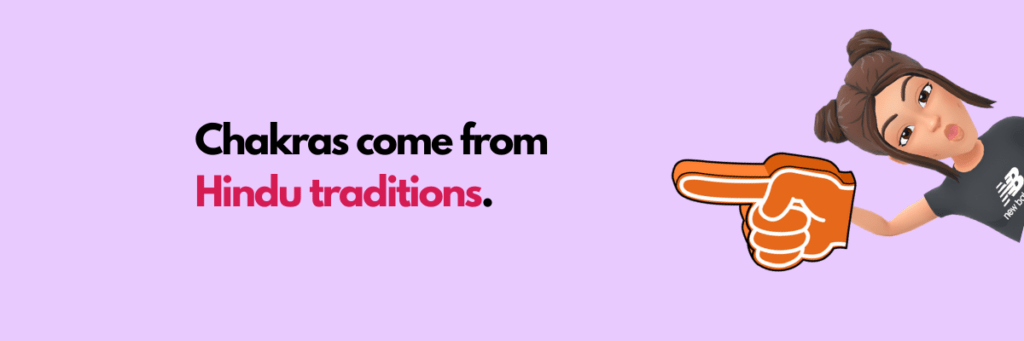 "Cartoon character illustration with text ‘Chakras come from Hindu traditions’ on a light purple background."