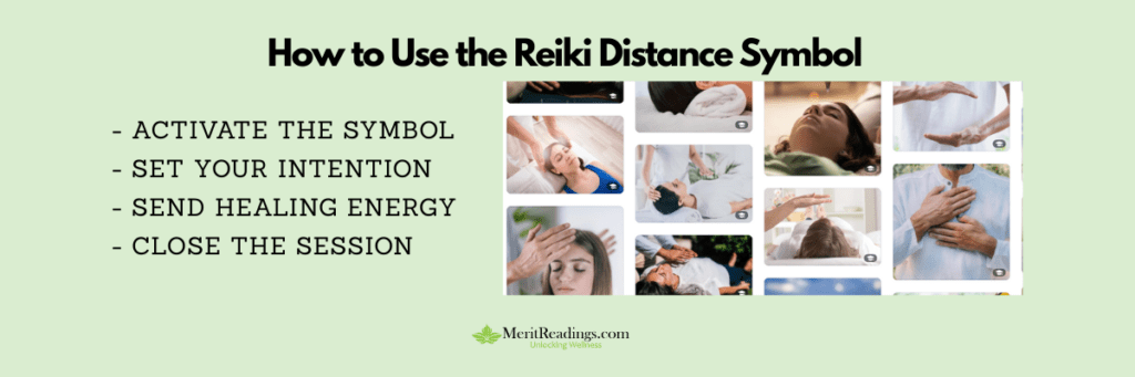 “How to use the Reiki Distance Symbol – Steps to activate, set intention, send healing energy, and close the session explained by MeritReadings.com.”