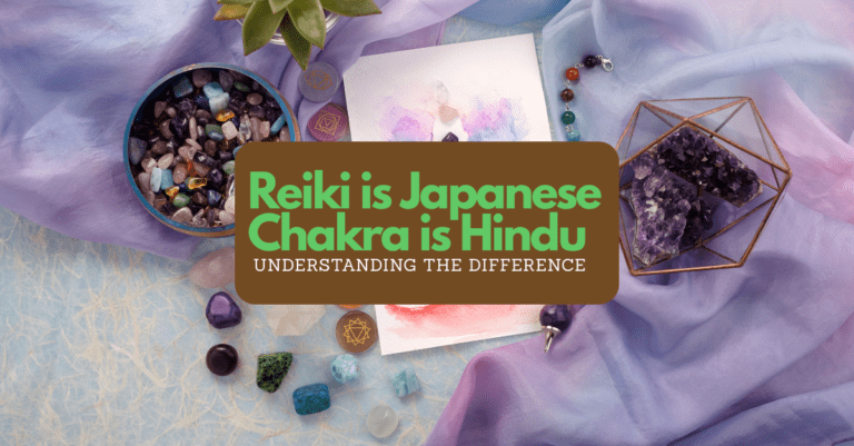 "Spiritual setup with healing crystals and chakra stones, with text ‘Reiki is Japanese, Chakra is Hindu – Understanding the Difference.’"