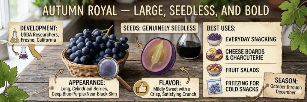 Infographic for Autumn Royal Grapes, highlighting their large size, seedless nature, and crisp crunch.