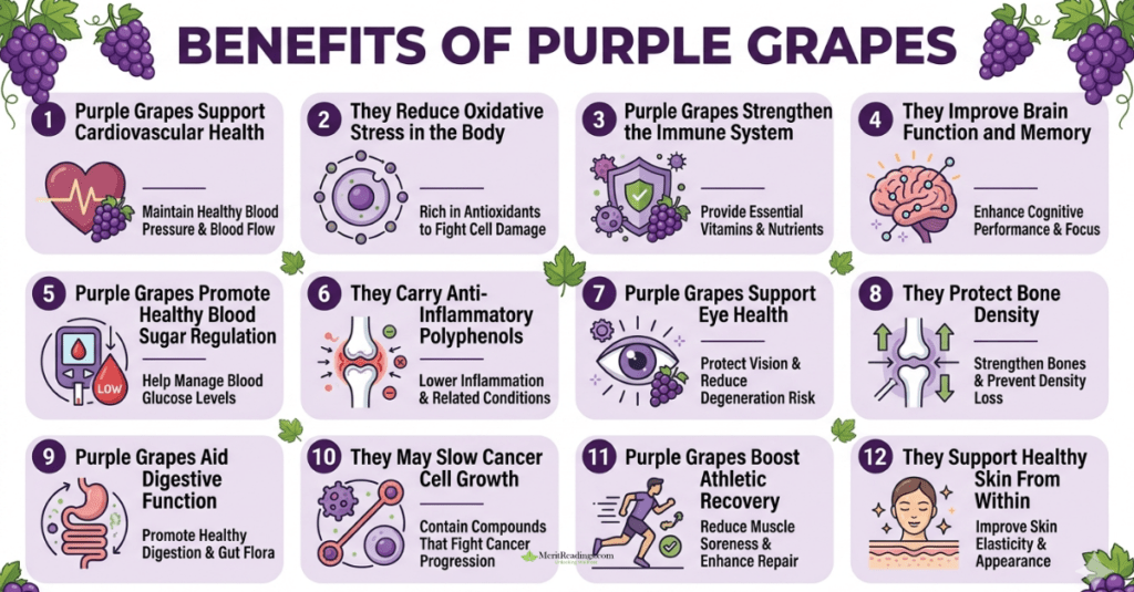 A comprehensive infographic titled "Benefits of Purple Grapes" featuring 12 illustrated benefit panels.