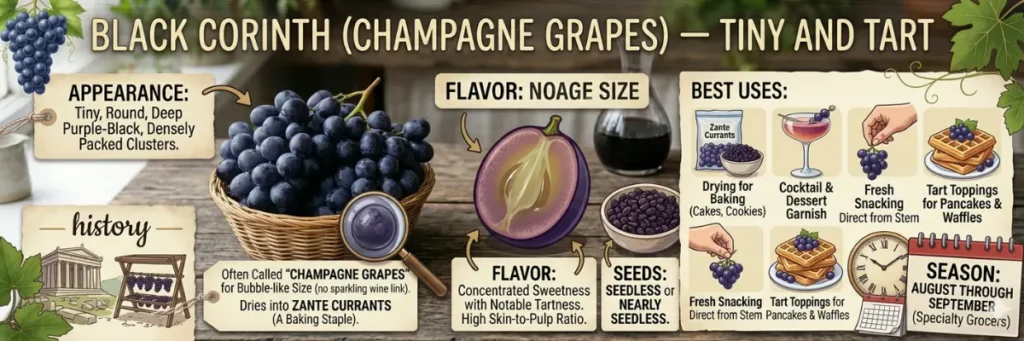 Infographic for Black Corinth grapes, also known as Champagne grapes, showing tiny berries and Zante currants.