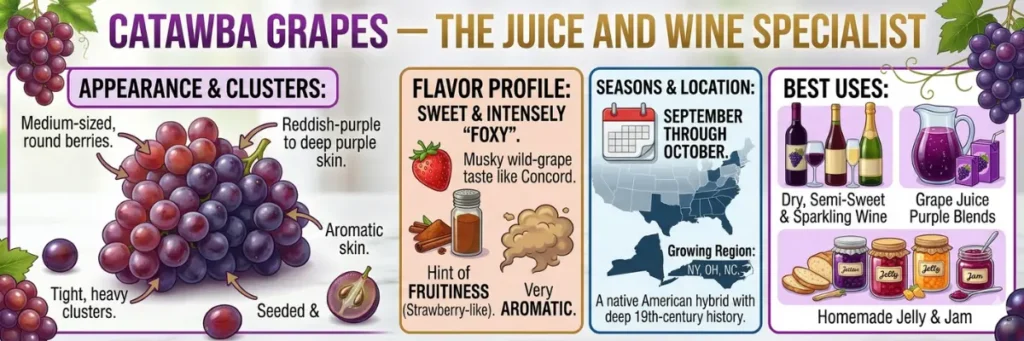 Infographic for Catawba Grapes, the juice and wine specialist, featuring their reddish-purple color and strawberry-like notes.