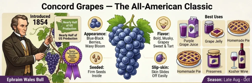 Infographic banner for Concord Grapes, the All-American Classic, detailing its history, "foxy" flavor, and uses for juice and jelly.