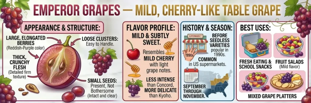 Infographic for Emperor Grapes, a mild and cherry-like table grape popular for school snacks.