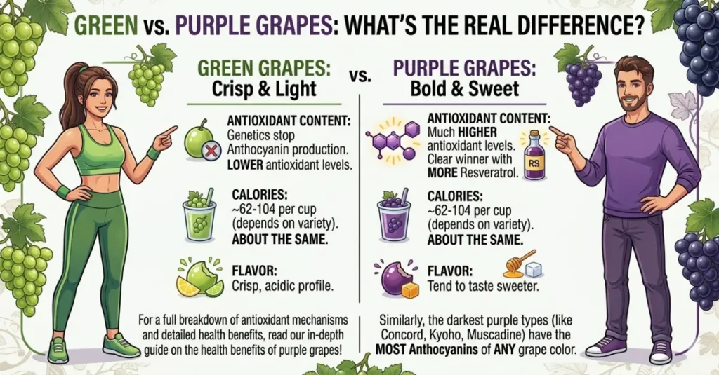 A comparison infographic titled "Green vs. Purple Grapes" highlighting differences in antioxidants, calories, and flavor.