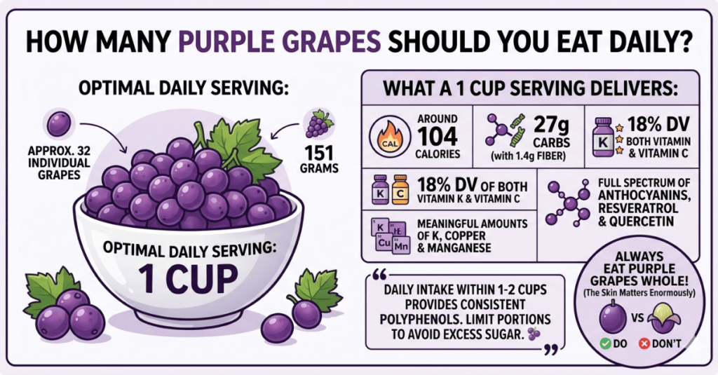 Infographic banner titled "HOW MANY PURPLE GRAPES SHOULD YOU EAT DAILY?" featuring a large central cluster of grapes and portion breakdowns.
