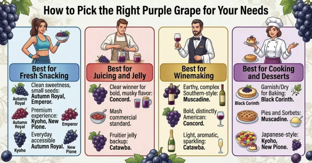 An infographic featuring characters representing "Best for Snacking," "Best for Juicing," "Best for Winemaking," and "Best for Cooking."