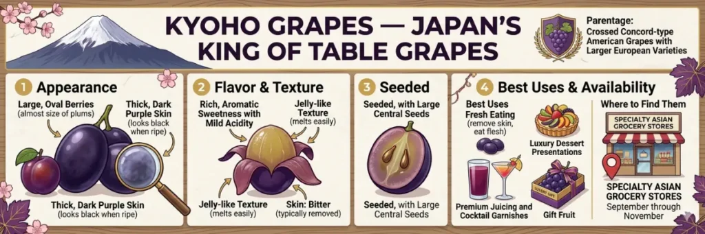 Infographic for Kyoho Grapes, Japan’s King of Table Grapes, showing large plum-sized berries and Mount Fuji.