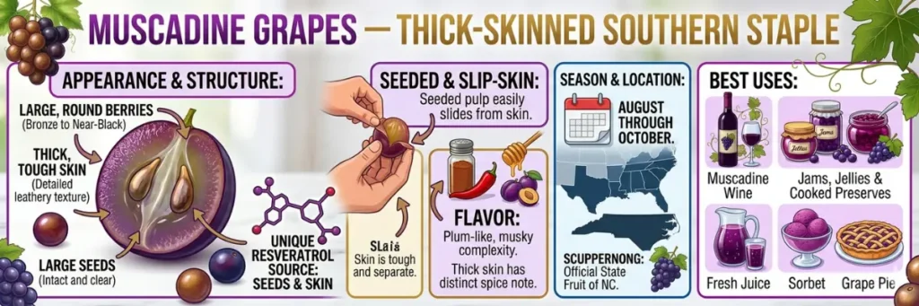 Infographic for Muscadine Grapes, a thick-skinned Southern staple known for high resveratrol content.
