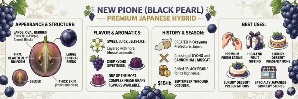 Infographic for New Pione Grapes, a premium Japanese hybrid with floral Muscat aromatics.