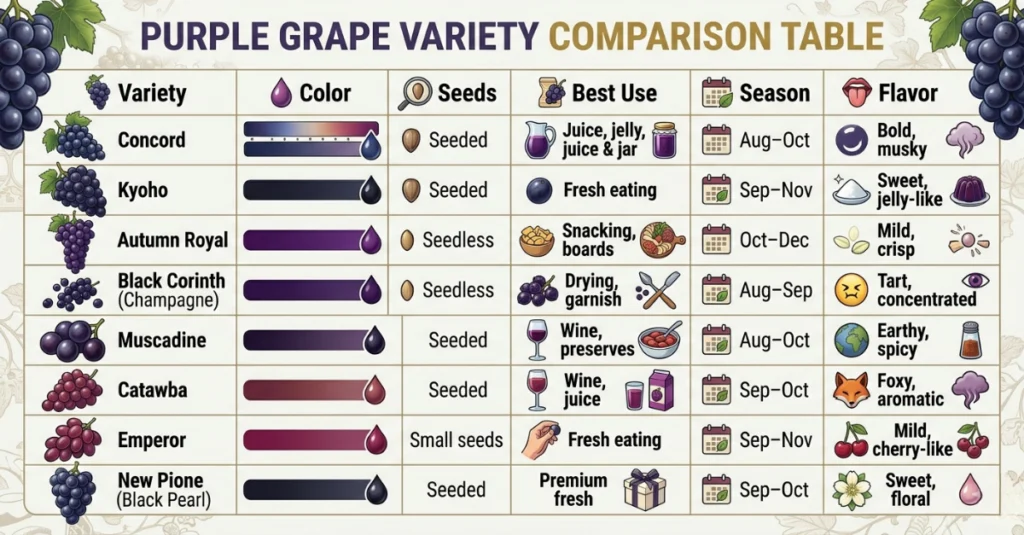A comprehensive comparison table chart for 8 types of purple grapes, comparing color, seeds, flavor, and season.