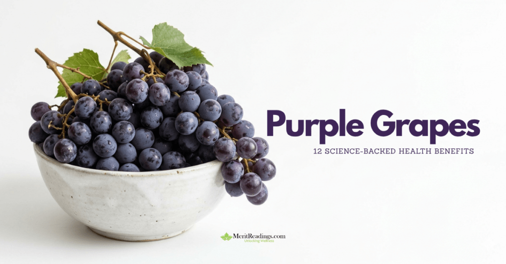A single photograph of a bowl of purple grapes positioned on the left side of a wide white background.
