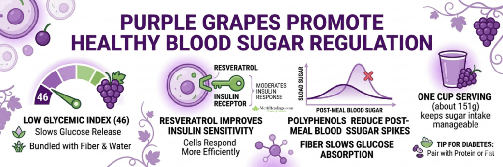 Banner with a glycemic index meter pointing to 46, explaining healthy blood sugar management.