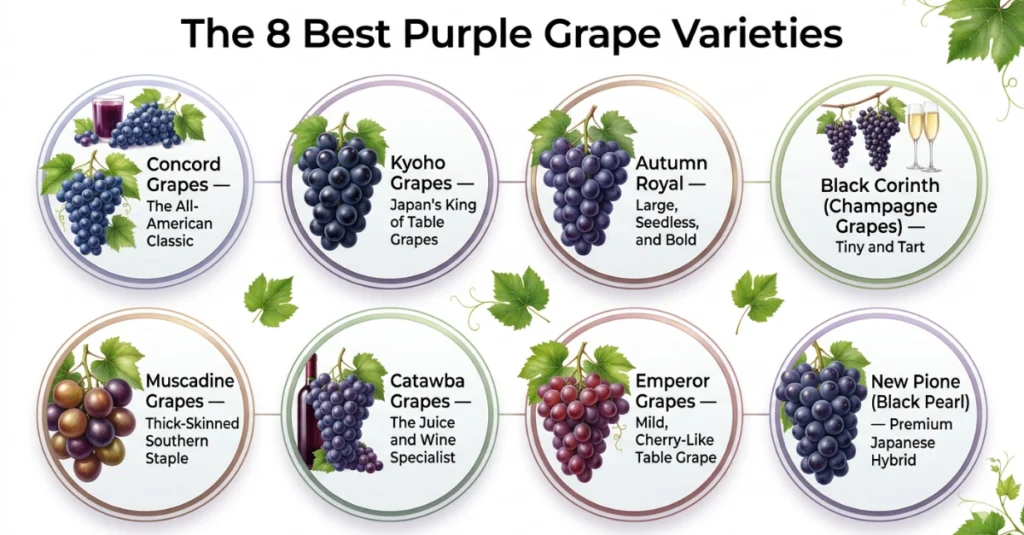 An infographic titled "The 8 Best Purple Grape Varieties" featuring circular icons of eight different grape types with brief descriptions.