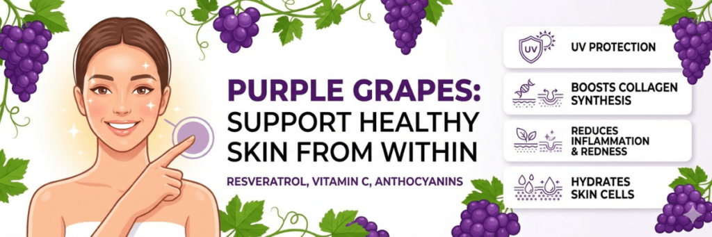 Banner featuring a woman with radiant skin, highlighting UV protection and collagen synthesis.
