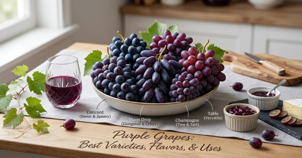 A variety of purple grapes, including Concord and Autumn Royal, arranged on a rustic wooden table with labels and a carafe of juice.