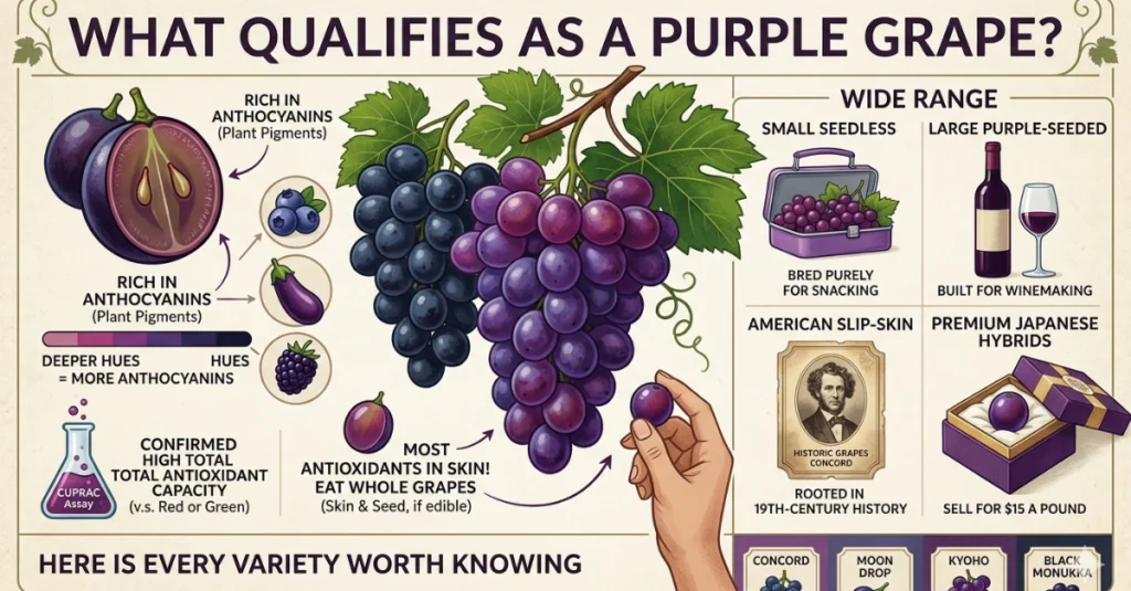 Detailed infographic about purple grapes, their rich content of anthocyanins (plant pigments), higher antioxidant capacity, and various types and uses.