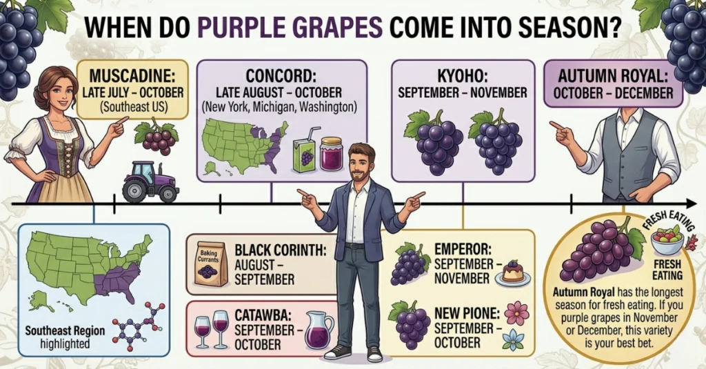 A timeline infographic showing the harvest months for various purple grape varieties from July through December.