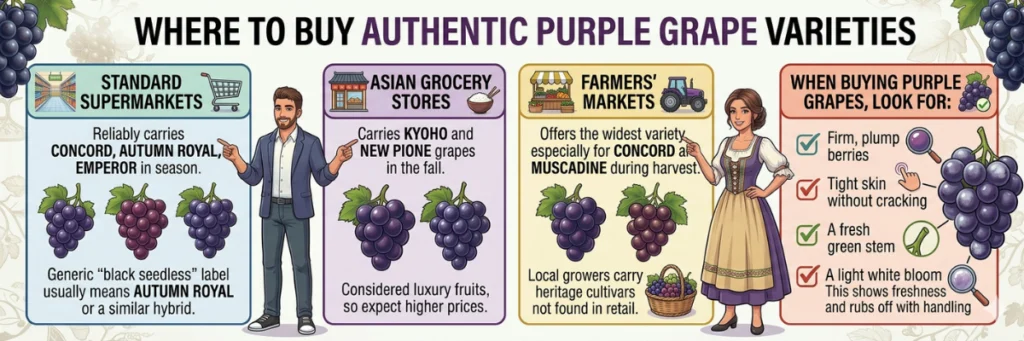 Infographic explaining where to buy authentic purple grapes and what to look for, such as firm berries and waxy bloom.
